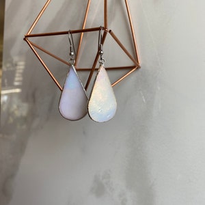 White iridescent tear shaped stained glass earrings led free stainless steel, boho jewelry