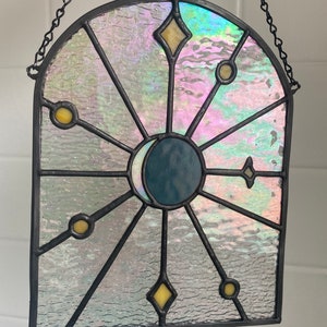 Stained glass window hanging panel moon and stars night sky celestial eclipse scene, pure magic