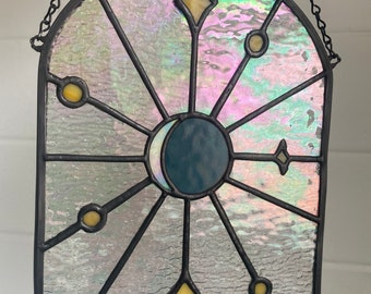 Stained glass window hanging panel moon and stars night sky celestial eclipse scene, pure magic