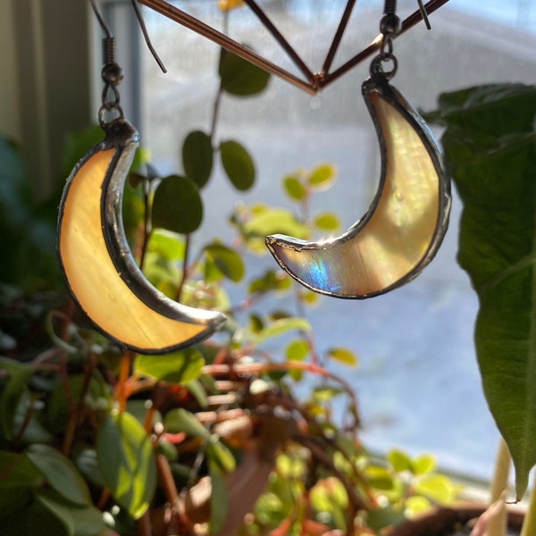 Orange iridescent crescent moon stained glass  earrings led free