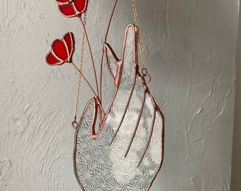 Stained glass window hanging, poppy flower in hand, Mother’s Day gift, birthday gift