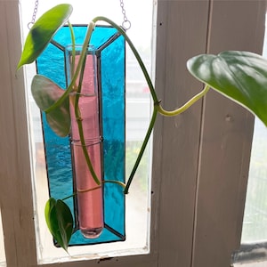 Stained glass window hanging plant holder, vase, boho home decor, blue purple stained glass