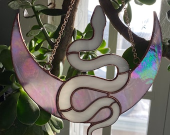 Stained glass window hanging / snake moon iridescent glass / boho home decor