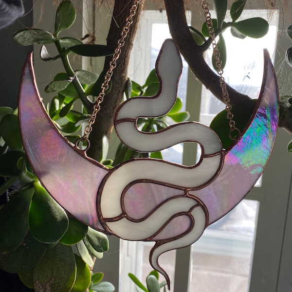 Stained glass window hanging / snake moon iridescent glass / boho home decor