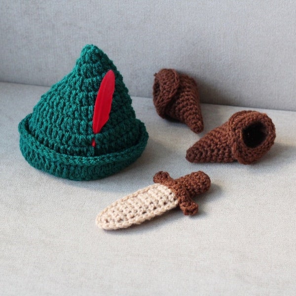 Baby Boy Peter Pan Inspired Accessories Crochet Peter Pan Robin Hood Hat with  Real Feather Shoes Dagger Newborn Photo Prop MADE TO ORDER