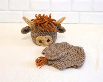 Highland Cow Baby Costume Crochet Animal Hat and Diaper Cover Newborn Photo Prop