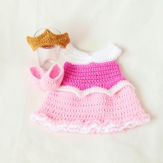 crochet aurora dress Baby Pink Princess Dress Crochet Aurora Inspired Costume Crown & Shoes