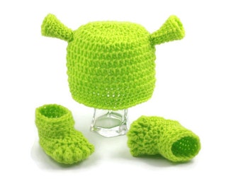 Shrek Inspired Hat and Feet Booties Set Crochet Baby Shrek Costume Newborn Green Ogre Outfit Baby Photo Prop Shower Gift MADE TO ORDER