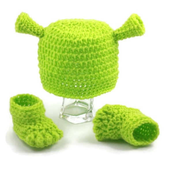 Shrek Inspired Hat and Feet Booties Set Crochet Baby Shrek Costume Newborn Green Ogre Outfit Baby Photo Prop Shower Gift MADE TO ORDER