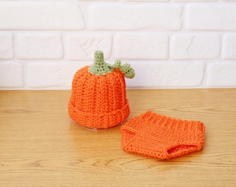 Crochet Pumpkin Baby Costume Newborn Photography Prop Orange Hat Diaper Cover Thanksgiving Outfit