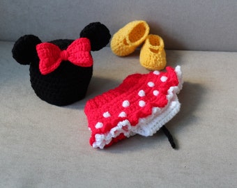 Crochet Minnie Mouse Inspired Costume Baby Girl Red Minnie Mouse Outfit Newborn Shower Gift Coming Home Outfit Photo Prop MADE TO ORDER