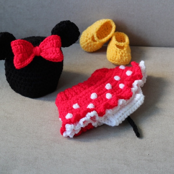 Crochet Minnie Mouse Inspired Costume Baby Girl Red Minnie Mouse Outfit Newborn Shower Gift Coming Home Outfit Photo Prop MADE TO ORDER