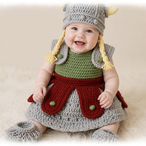 Vikinga Prinsessa Outfit Virkad Baby Flicka Nordisk Dräkt Klänning Mössa Skor Skandinavisk Mamma Gåva
