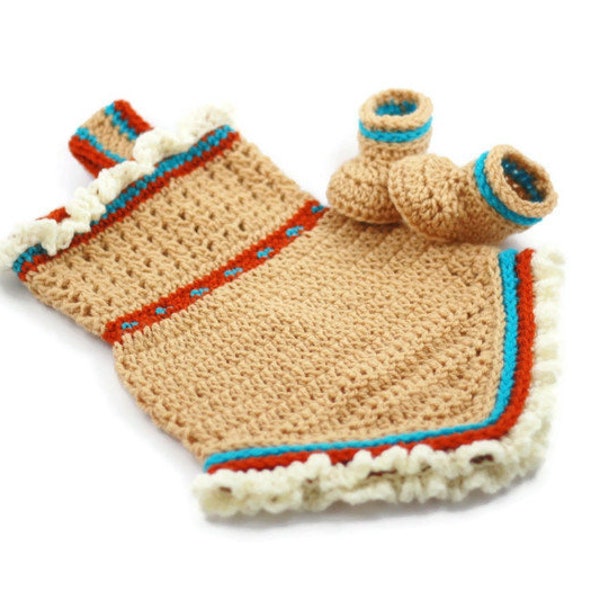 Crochet bebé niña princesa india disfraz Pocahontas inspirado vestido botines recién nacido ducha regalo fotografía Prop hecho por encargo