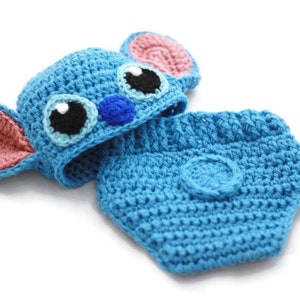 かぎ針編みのベビー用リロ＆スティッチ風コスチューム：新生児用衣装、写真撮影用小道具