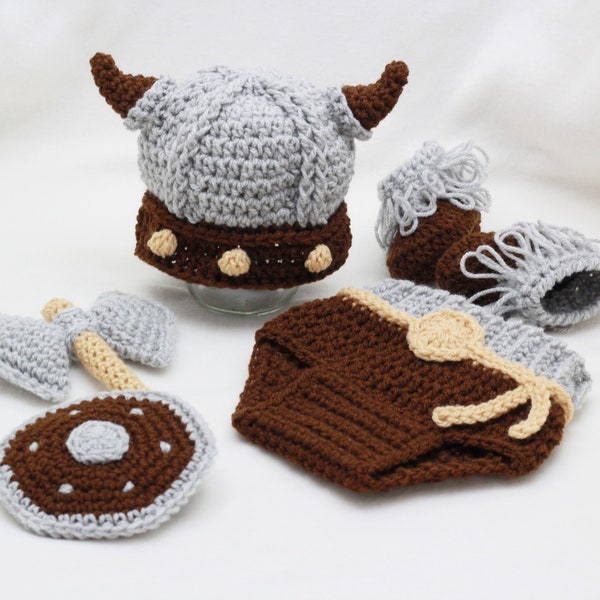 Gehaakte Baby Viking kostuum bruin grijs Viking Outfit pasgeboren douchegift Noorse kostuum Scandinavische moeder cadeau foto Prop op bestelling gemaakt