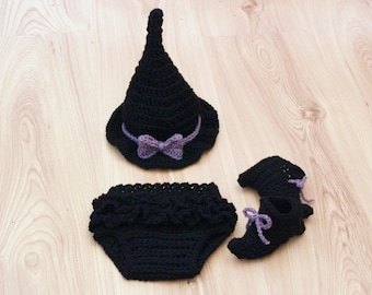 Crochet Witch Costume: Baby Halloween Outfit, Black & Purple