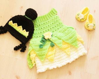 Princess Tiana Inspired Crochet Baby Costume: Dress, Wig & Shoes