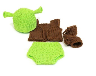 Shrek inspirado traje crochet bebé Shrek traje recién nacido ogro verde traje fotografía prop ducha regalo volver a casa traje HECHO A PEDIDO