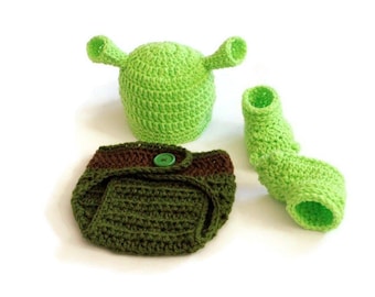 Baby Shrek Inspired Outfit Crochet Hat Feet Slippers Diaper Cover Set Newborn Green Ogre Costume Baby Photo Prop Shower Gift MADE TO ORDER