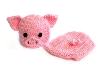 Crochet Baby Pig Outfit Pink Pig Hat Diaper Cover Set Newborn Pig Costume Baby Shower Gift Photo Prop Coming Home Outfit MADE TO ORDER