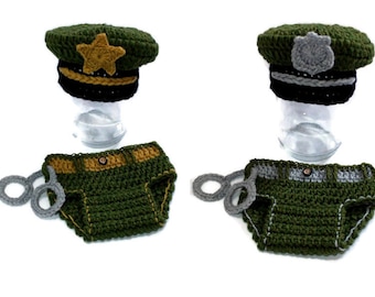 Newborn Sheriff Costume Crochet Olive Green Police Uniform Photo Prop Shower Gift Baby Boy or Girl Coming Home Outfit MADE TO ORDER