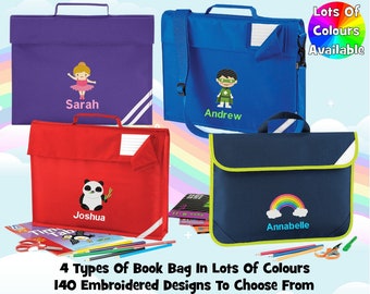 May include: Four personalized book bags in different colors with various embroidered designs. The bags feature a purple bag with a ballerina, a blue bag with a superhero, a red bag with a panda, and a navy blue bag with a rainbow. The text "Lots Of Colours Available" is in the top right corner of the image. The text "4 Types Of Book Bag In Lots Of Colours 140 Embroidered Designs To Choose From" is at the bottom of the image.