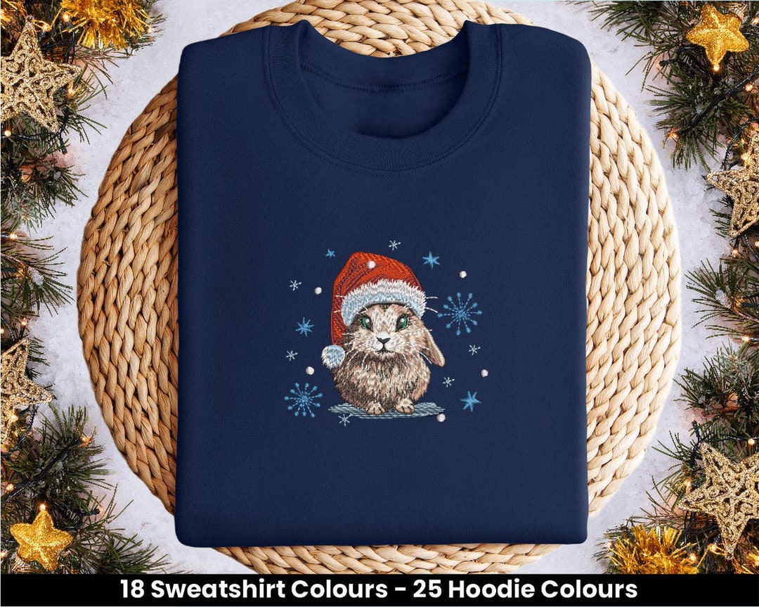 Holiday Rabbit Sweaters Christmas Rabbit in A Santa Hat Embroidered Sweatshirt Hoodie, Jumper ...