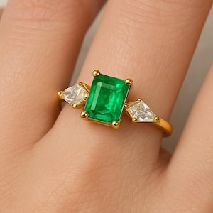 Natural Emerald Ring in 14K Yellow Gold | Zambian Emerald & Goshenite Ring | Rectangle Designer Ring | 20th Anniversary Gift | Precious Gem