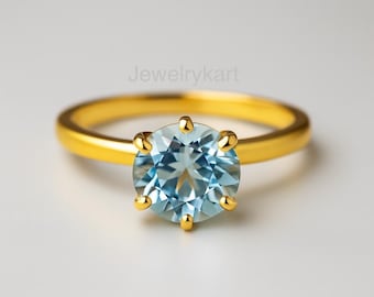 14k Gold Aquamarin Verlobungsring, Runde Form März Geburtsstein Ring | Hochzeitsgeschenk für Sie, Jahrestag, Klassischer Solitär Blauer Edelstein Ring