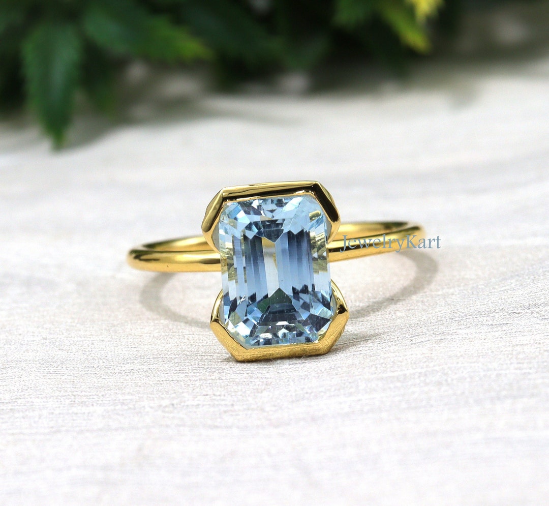 Natural Aquamarine Half Bezel Set Ring, Stylish Aquamarine Engagement ...