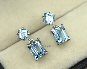 Aquamarine Emerald Asscher Cut Earrings 925 Silver or 14K Gold
