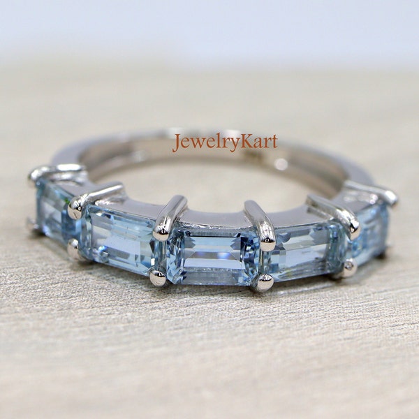 Natuurlijke aquamarijn Emerald Cut Eternity-band | Halve eeuwigheid ring 6 x 4 mm | East West aquamarijn stapelbaar bandje | Cadeau trouwring