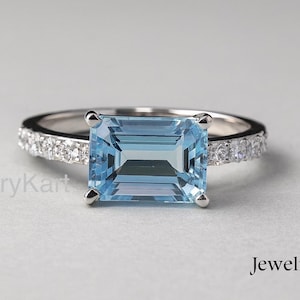 Aquamarine East West Emerald Cut Ring | Natural Aquamarine Band in White Gold or Silver | Horizontal March Birthstone Ring | Engagement Ring