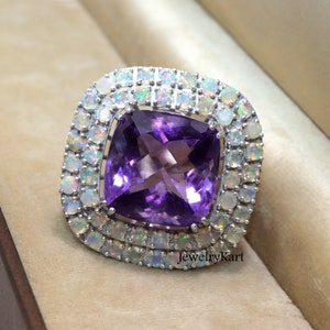 Huge Amethyst Square Ring - Ethiopian Opal Double Halo Statement Ring - Octagonal Cocktail Ring - Large Fire Opal Ring