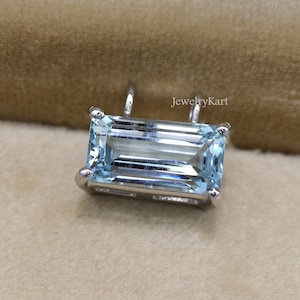 Aquamarine Emerald Cut Pendant, Horizontal Baguette Necklace, Basket Set Solitaire Layering Pendant, Rectangle Aquamarine Jewelry