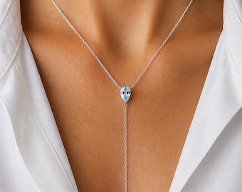 Collar largo de aguamarina, collar en forma de Y con forma de lágrima, collar minimalista de oro, joyería de piedra natal de marzo, collar delicado para combinar con otras prendas, regalo para ella.