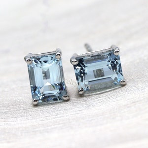 Emerald Cut Aquamarine Stud Earrings: 14k Gold or Sterling Silver