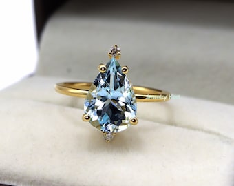 Aquamarine Engagement Ring 14k Gold, Pear Cut Diamond Ring, Aquamarine Wedding Ring, AAA+ Fine Jewelry, Heirloom Quality