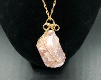 Raw rose quartz crystal necklace, gold plated necklace, natural rose quartz, healing stone necklace