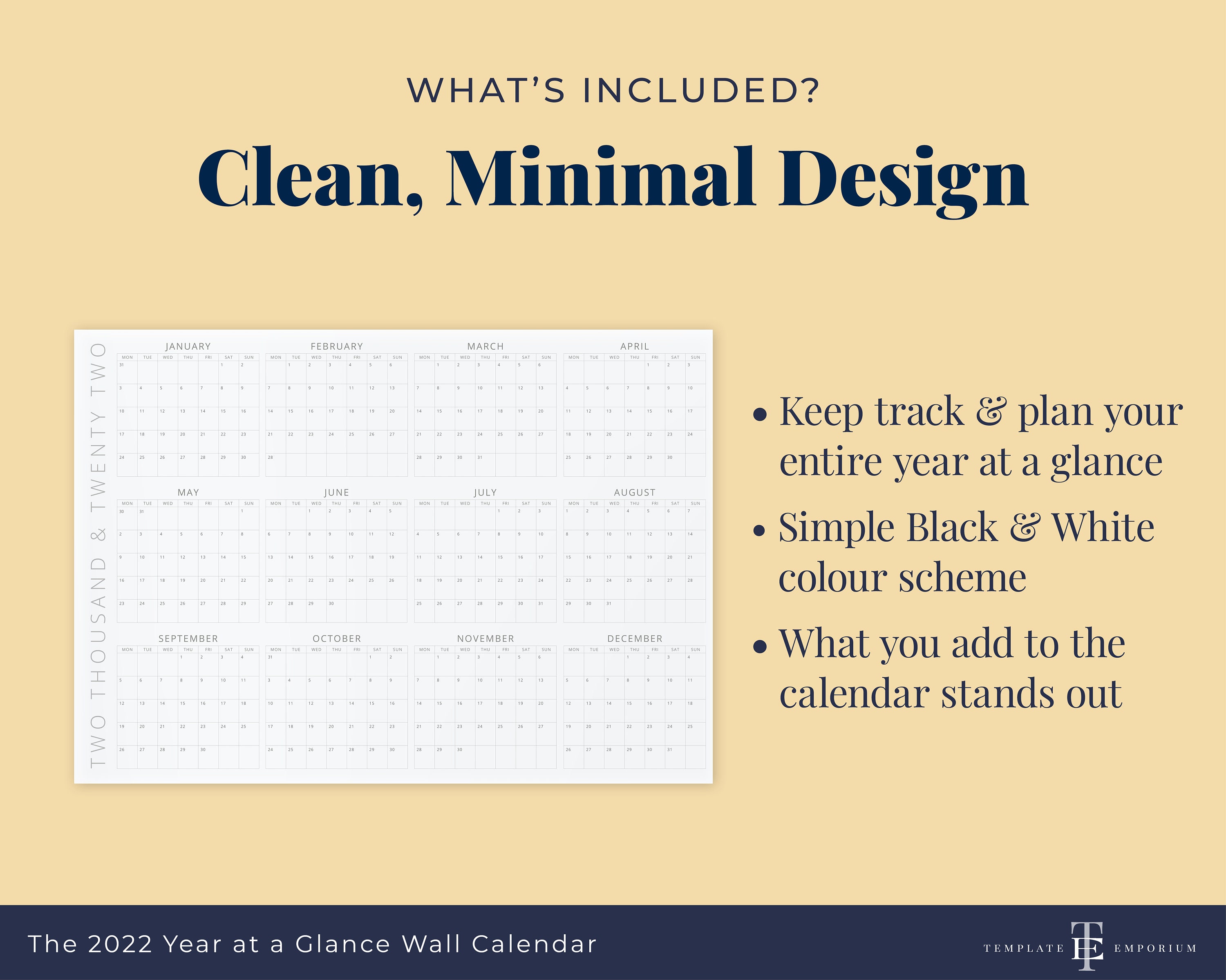 printable year at a glance 2022 wall calendar 36x24 a1 etsy