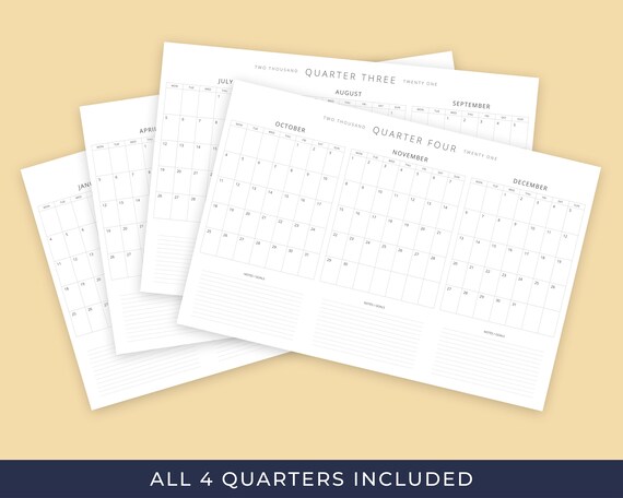 Printable 2021 Quarterly Q1-Q4 Wall Calendars 36x24 A1 | Etsy
