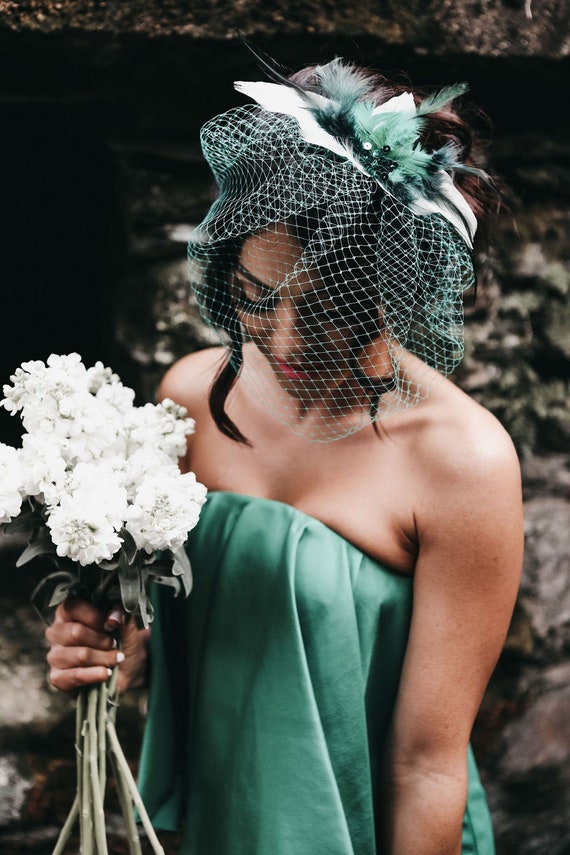 Green Afghan Nikkah Veil, Unique Veils, Birdcage Veil - The Zara