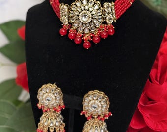 Red Kundan Jhumka Earrings | Polki Gold Indian Jewelry