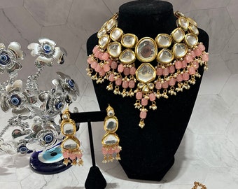Kundan Choker Halsband Set: Indiska Smycken, Babyrosa Polki Stil