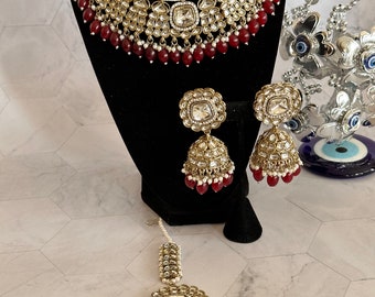 Kundan Halsketten-Set/Indischer Schmuck/Kundan Polki Halskette/Hochwertiger Schmuck/Bollywood-Stil Halsketten-Set/trendiges Halsketten-Set/Maroon
