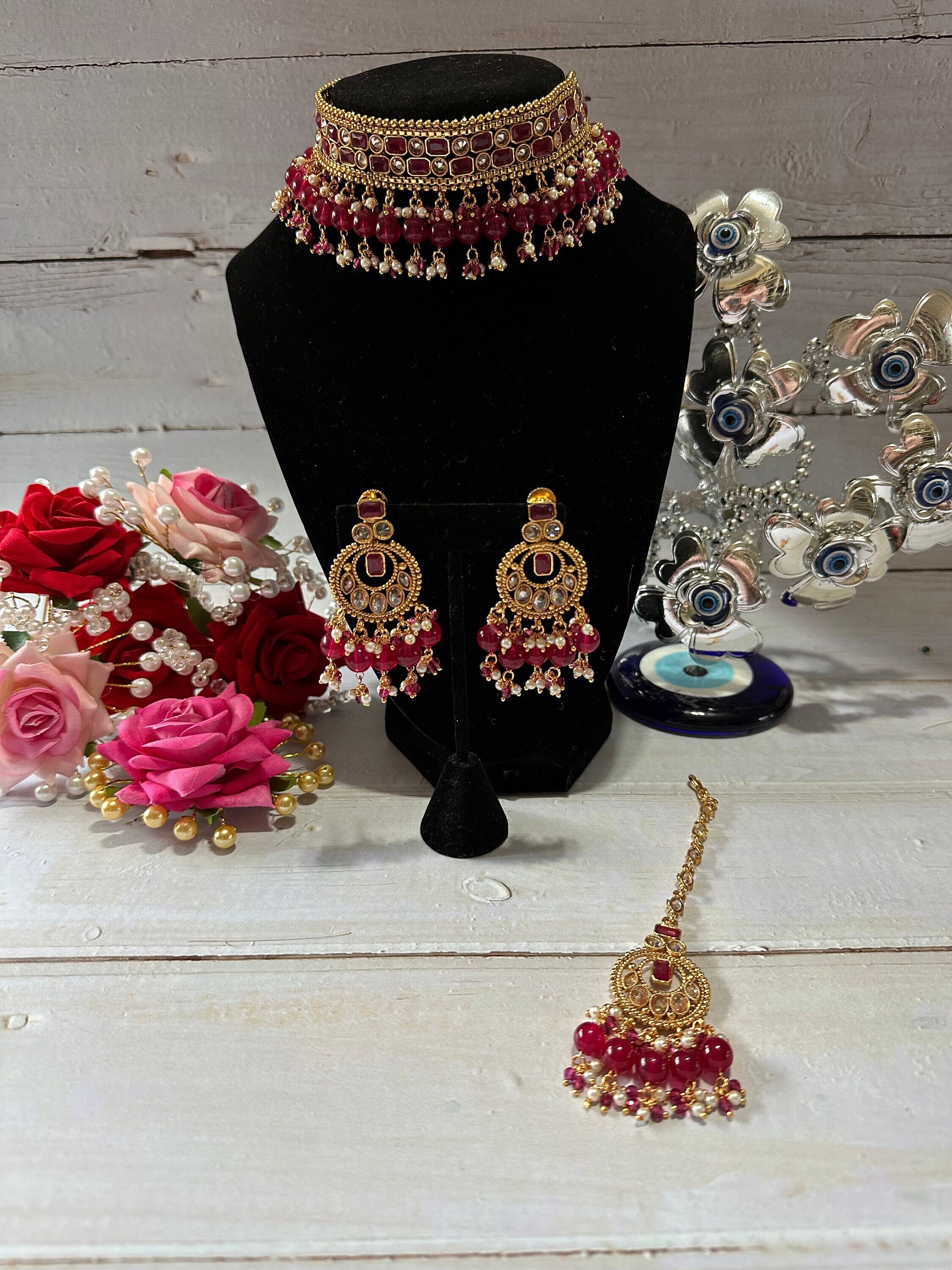 largest collection Ruby One Gram Gold Choker Set with Tikka