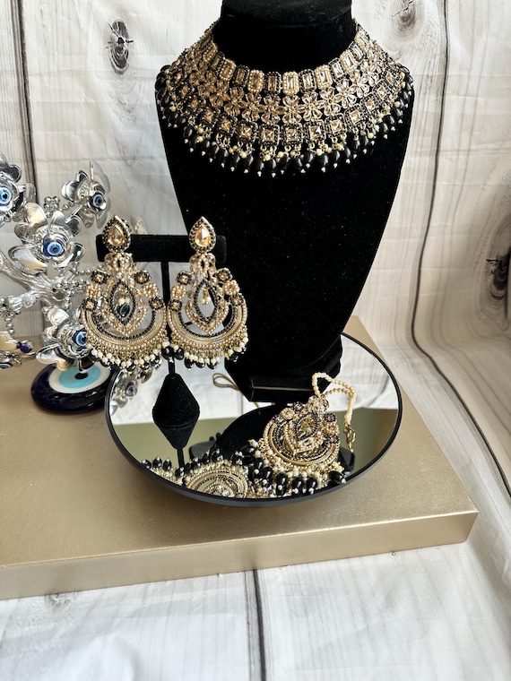 Black Polki Jewelry Set: Indian Bridal Kundan Necklace