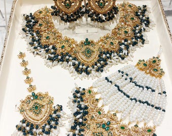 Elegante conjunto de collar de joyería paquistaní de oro/conjunto de novia paquistaní con Jhoomer/Passa/joyas de alta calidad/recepción/boda/verde