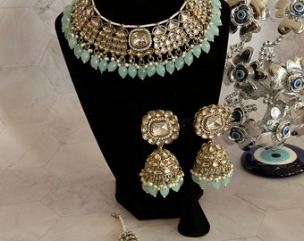 Kundan Halskette Set/indischer Schmuck/Kundan Polki Halskette/hochwertiger Schmuck/Bollywood Stil Halskette Set/trendige Halskette Set/Himmelblau